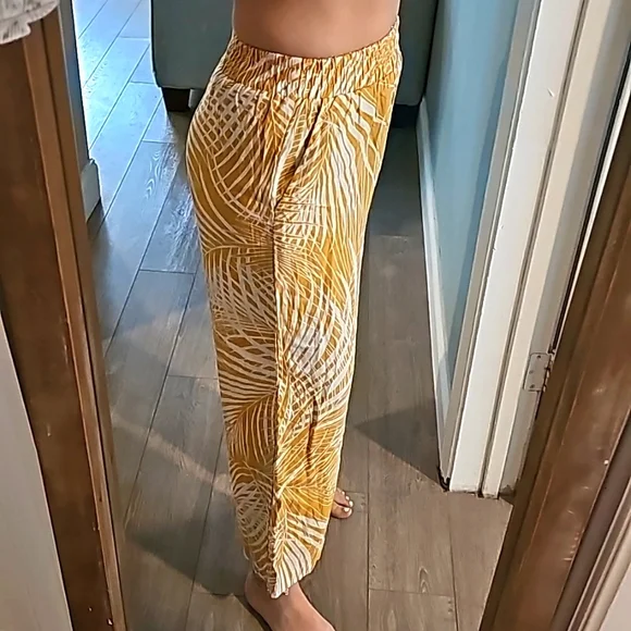 NWT Panarama Jack's Palm Print Yellow Linen Wide Legged Summer Pants - Picture 2 of 7